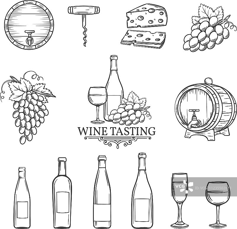 白色背景上的手绘葡萄酒图标图片素材