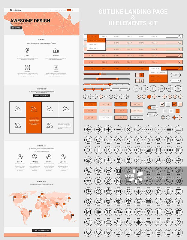 单页网站和移动应用线框套件图片素材