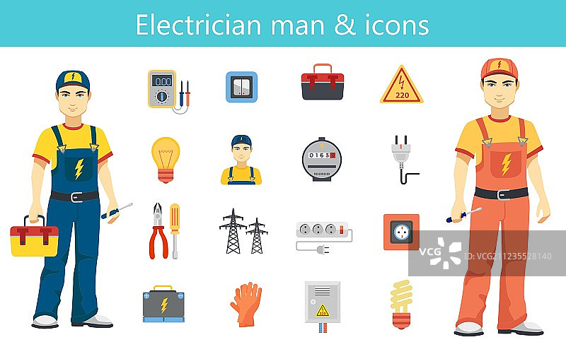 电工概念彩色扁平图标合集图片素材