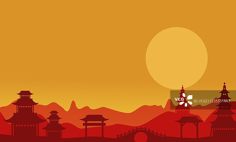 日落时分的亭台楼阁剪影图片素材