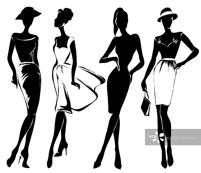 黑白复古时装模特素描图片素材