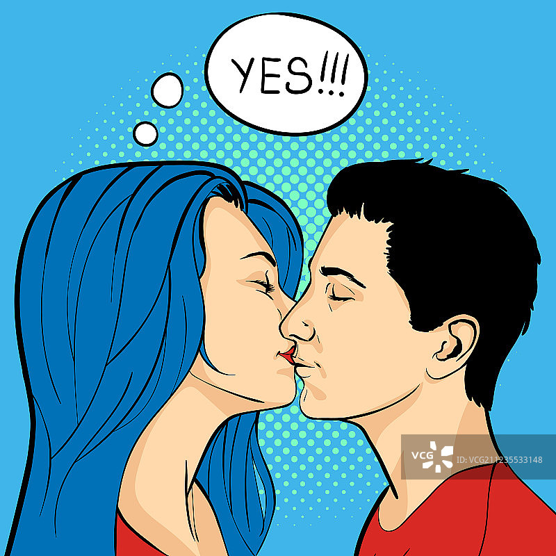 波普艺术风格的亲吻情侣与对话气泡图片素材