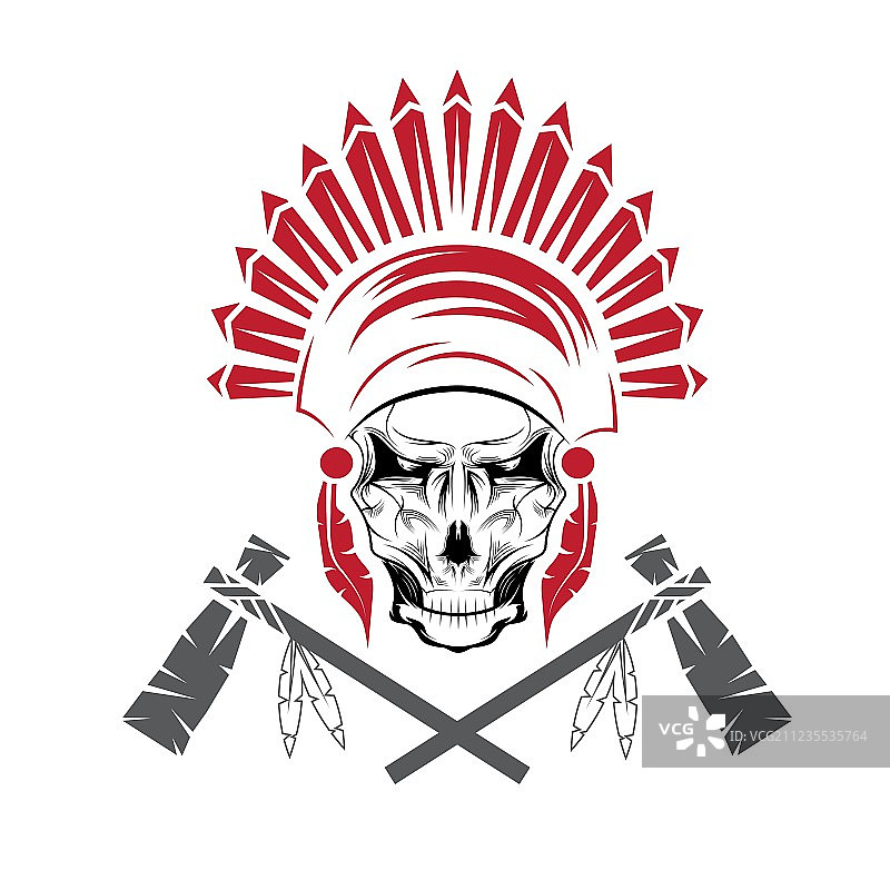 戴着部落头饰的美洲原住民酋长头骨图片素材