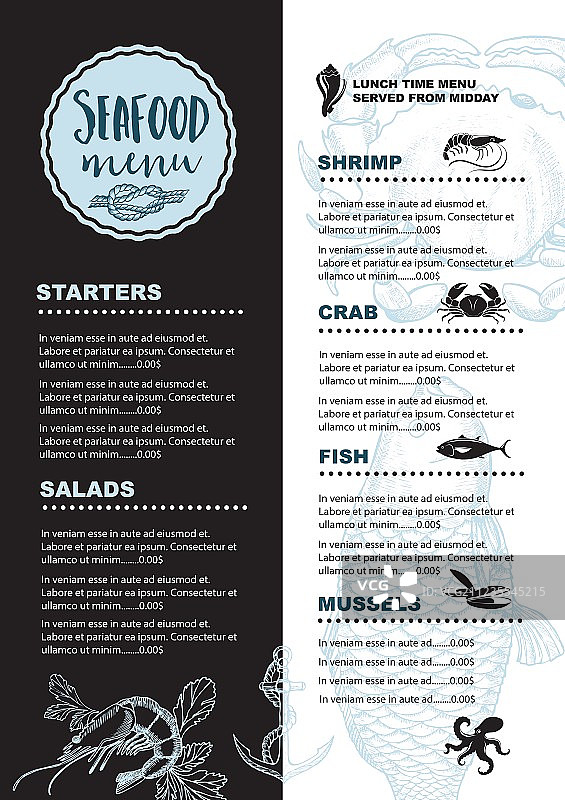 海鲜餐厅菜单餐垫模板图片素材