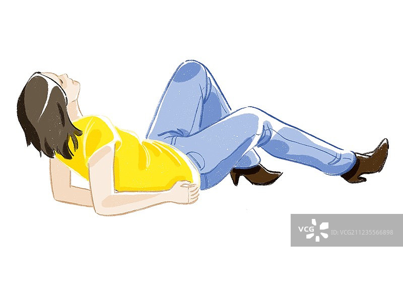 背面侧躺屈膝动作躺在地上的牛仔裤女孩图片素材