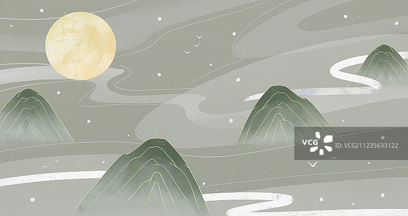 一轮圆月挂在天空有山峰雾气的手绘中国风插画图片素材