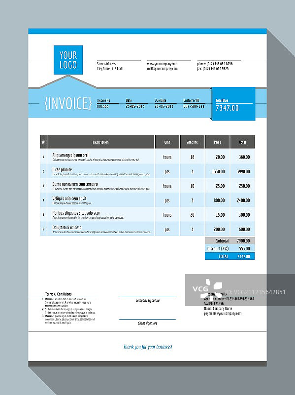 可定制的蓝色发票模板设计图片素材