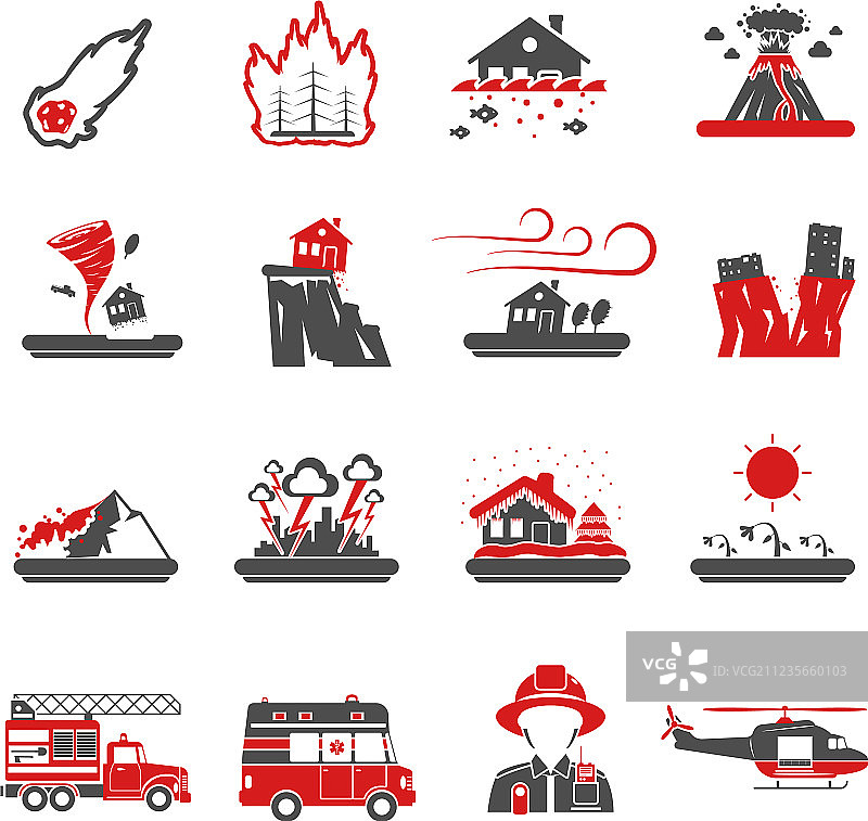自然灾害红黑图标合集图片素材