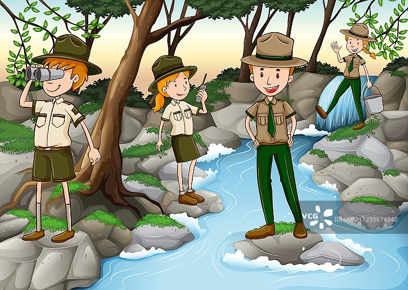 站在瀑布前的公园管理员图片素材