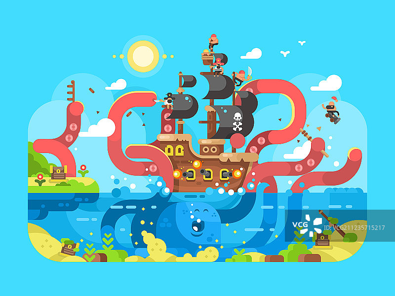海怪击沉船只扁平化设计图片素材