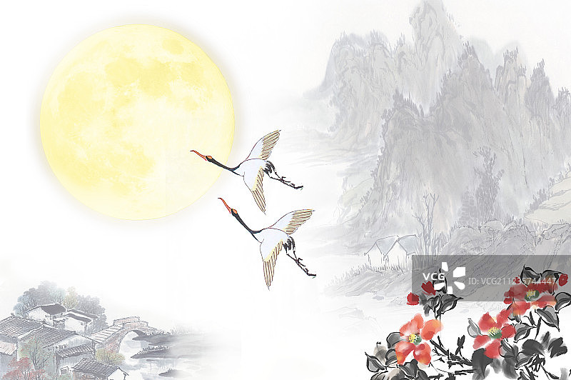 中秋佳节仙鹤及山茶花图片素材