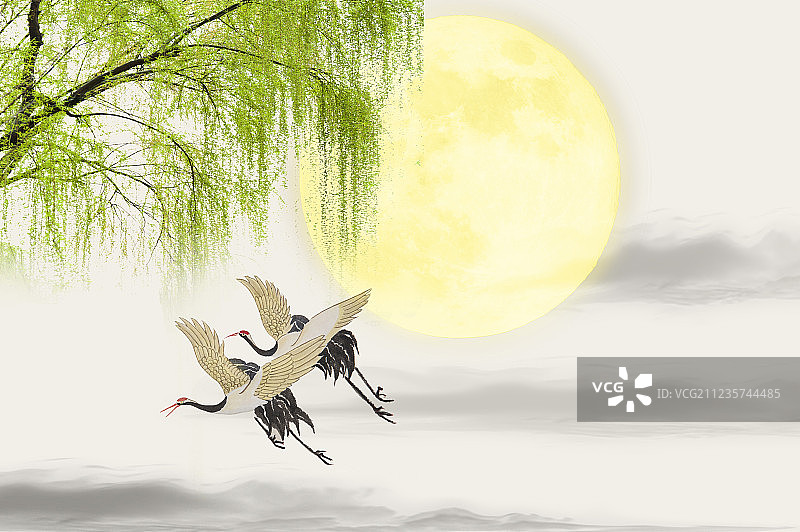 中秋佳节仙鹤及柳树图片素材