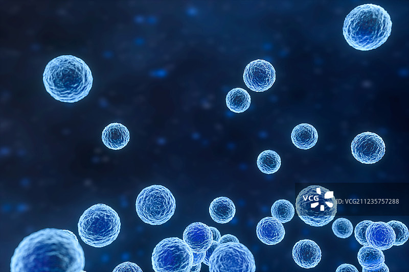 蓝色背景下表面细节丰富的细菌病毒，三维渲染图片素材