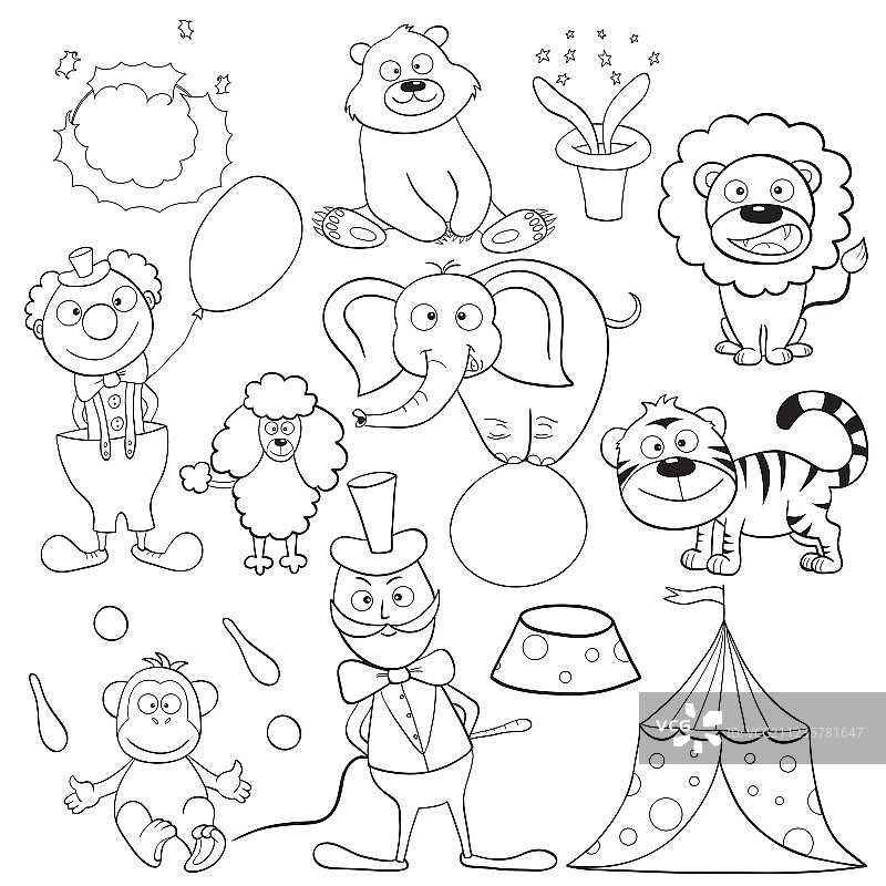 马戏团图标涂色书图片素材