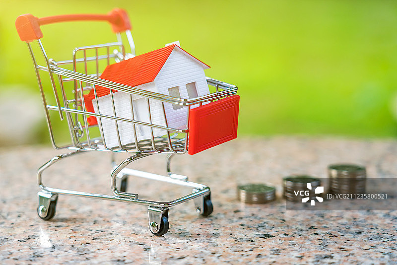 放在购物车里的小房子和金币图片素材