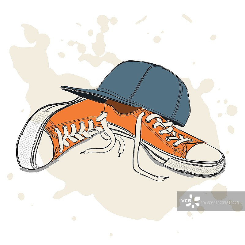 运动鞋和棒球帽绘画图片素材