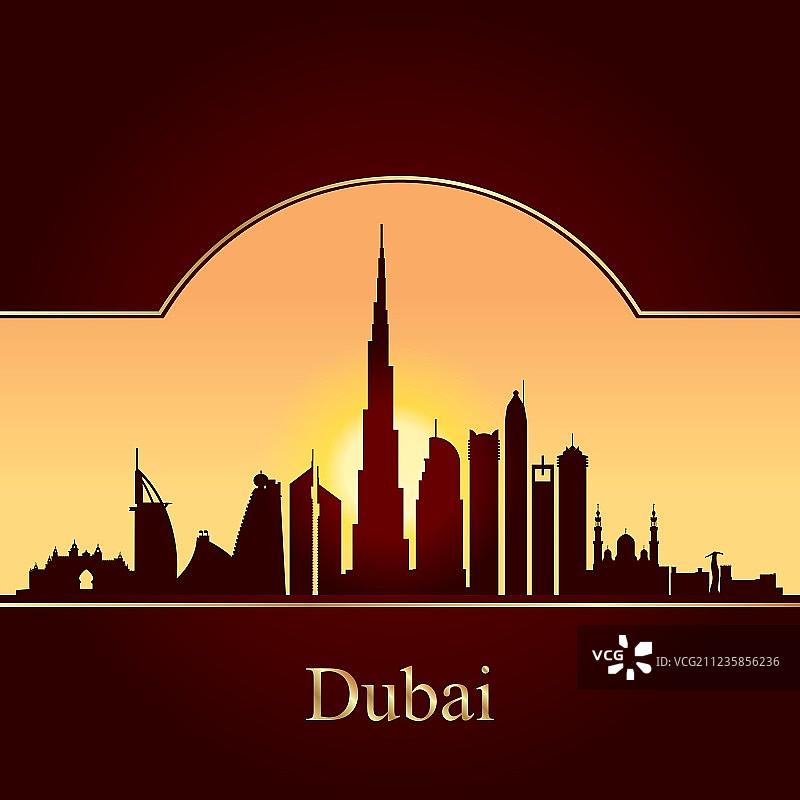 日落时分的迪拜天际线剪影图片素材