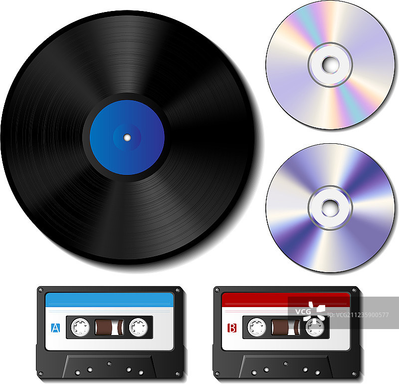 黑胶唱片CD和卡式磁带套装图片素材