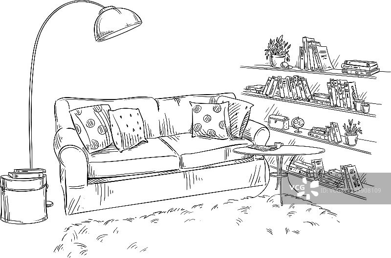 舒适的沙发、落地灯和书架图片素材