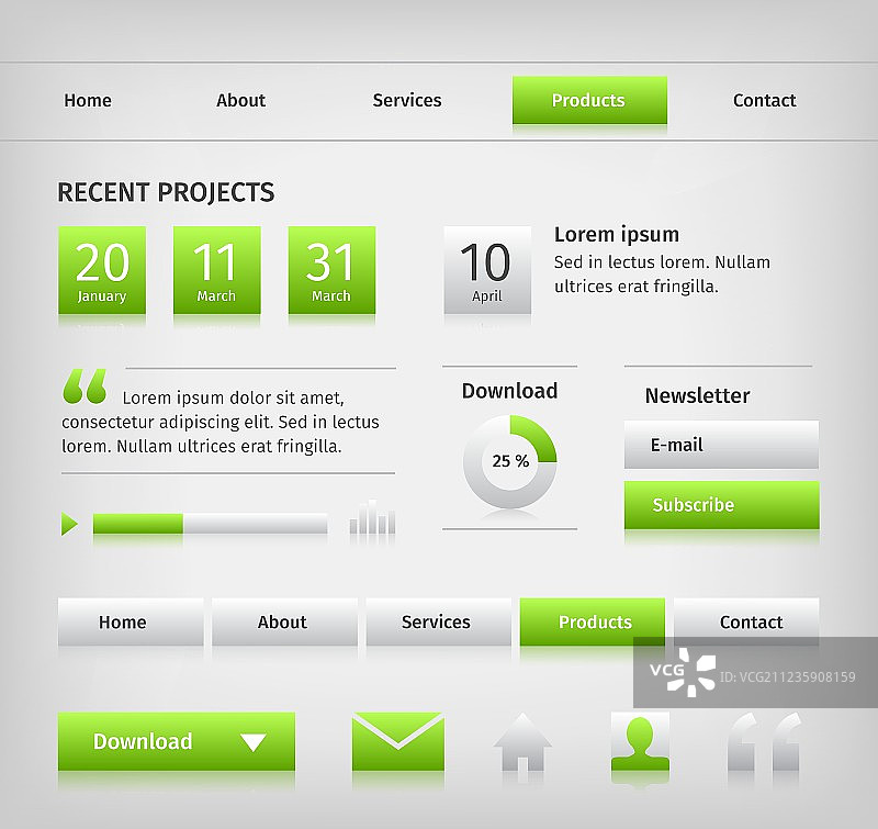 带有绿色悬停按钮的网站设计元素图片素材