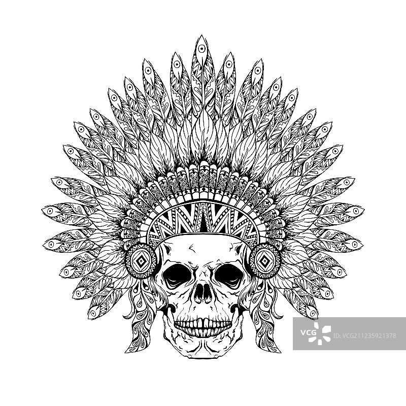 手绘禅绕画风羽毛头饰骷髅图片素材