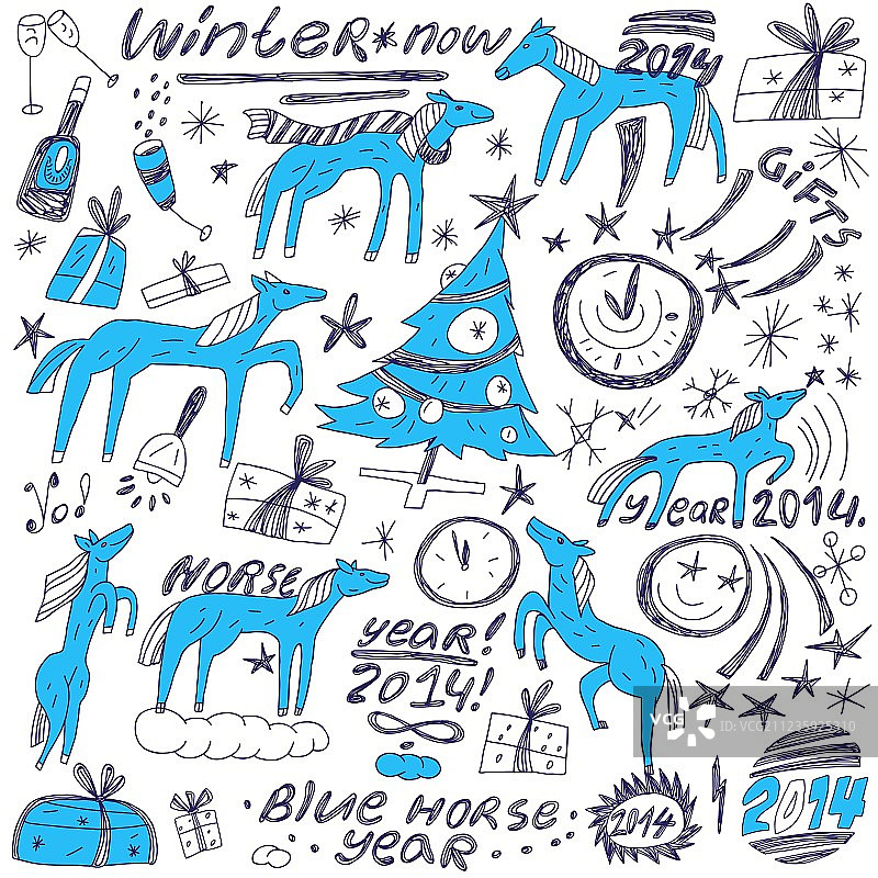 蓝色骏马新年涂鸦套装图片素材