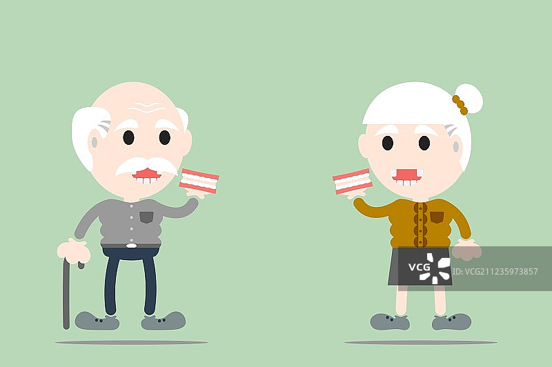 老年夫妇拿着假牙图片素材