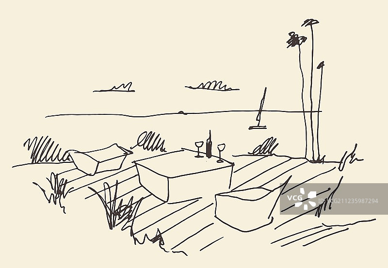 温馨的码头海景晚餐速写图片素材