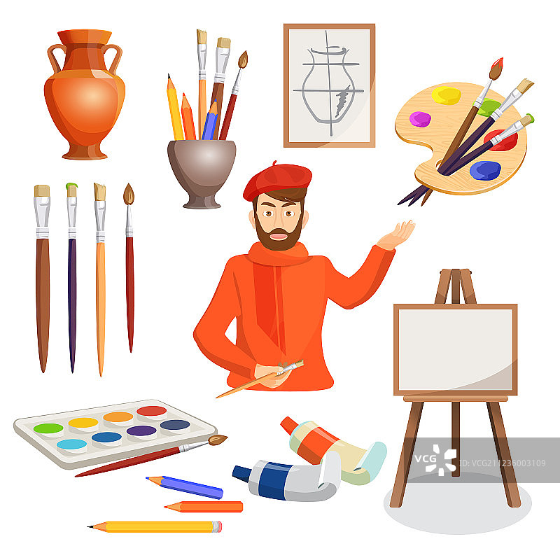 男人拿着调色板、画笔和花瓶图片素材