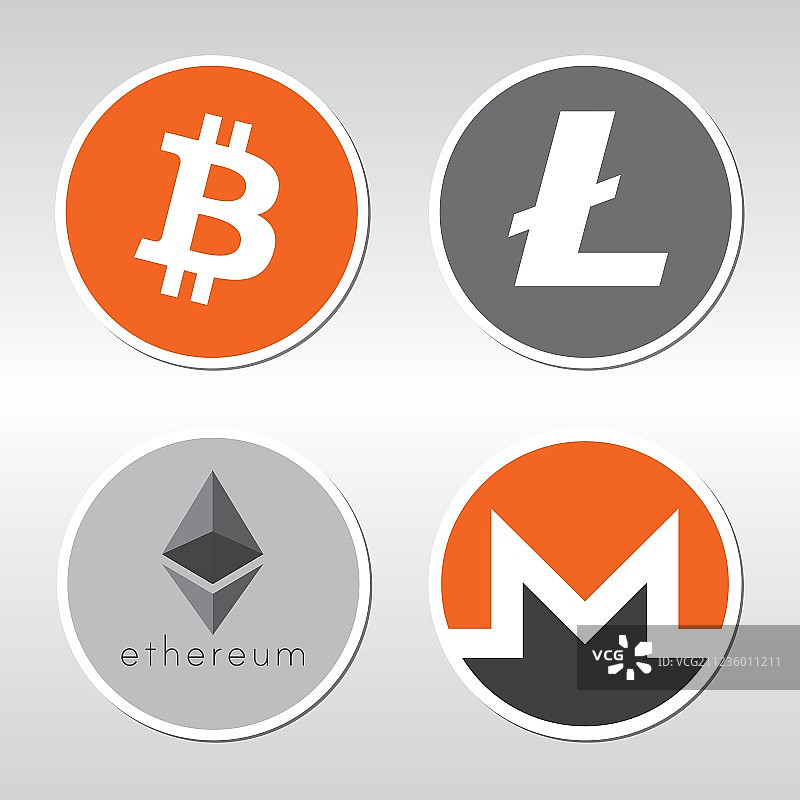 比特币、莱特币、以太坊、门罗币标志图片素材