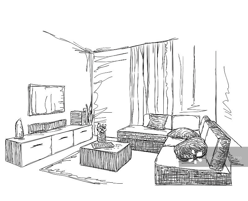 现代室内房间手绘家具草图图片素材