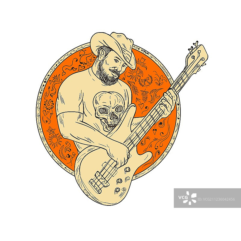 牛仔弹贝斯吉他圆形绘画图片素材