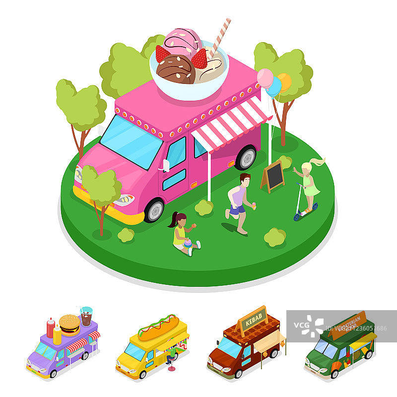 2.5D街头冰淇淋餐车与人群图片素材
