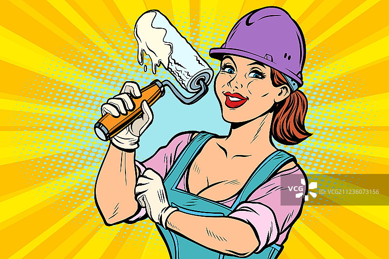 手持油漆滚筒的女建筑工人图片素材