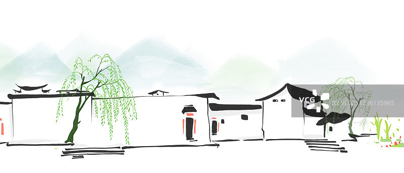水墨江南建筑 民居 风景画图片素材