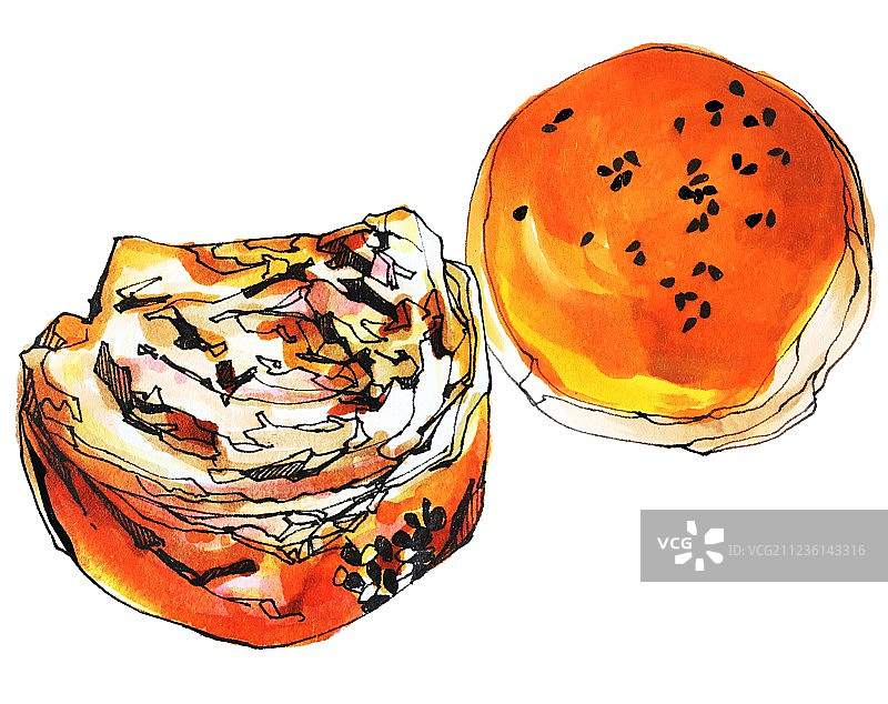 美食手绘插画 中秋节传统月饼 中西结合 苏式鲜肉月饼 蛋黄酥图片素材