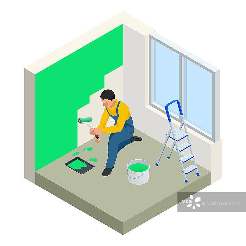 2.5D用滚筒刷粉刷白墙图片素材