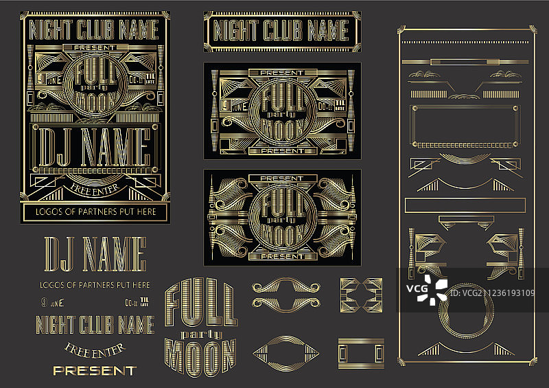 满月派对装饰艺术风格迪斯科传单图片素材