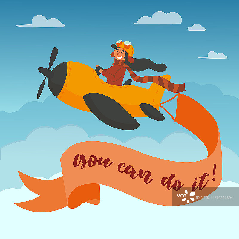 可爱男孩飞行员驾驶黄色飞机在天空飞行图片素材