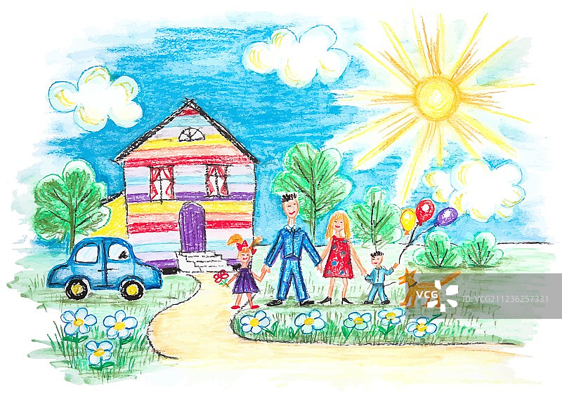 儿童快乐家庭素描图片素材