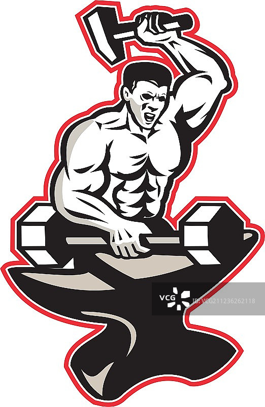 铁匠用锤子在铁砧上敲打杠铃图片素材