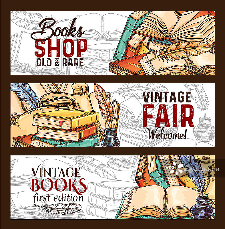 素描：复古书籍店铺集市banner图片素材
