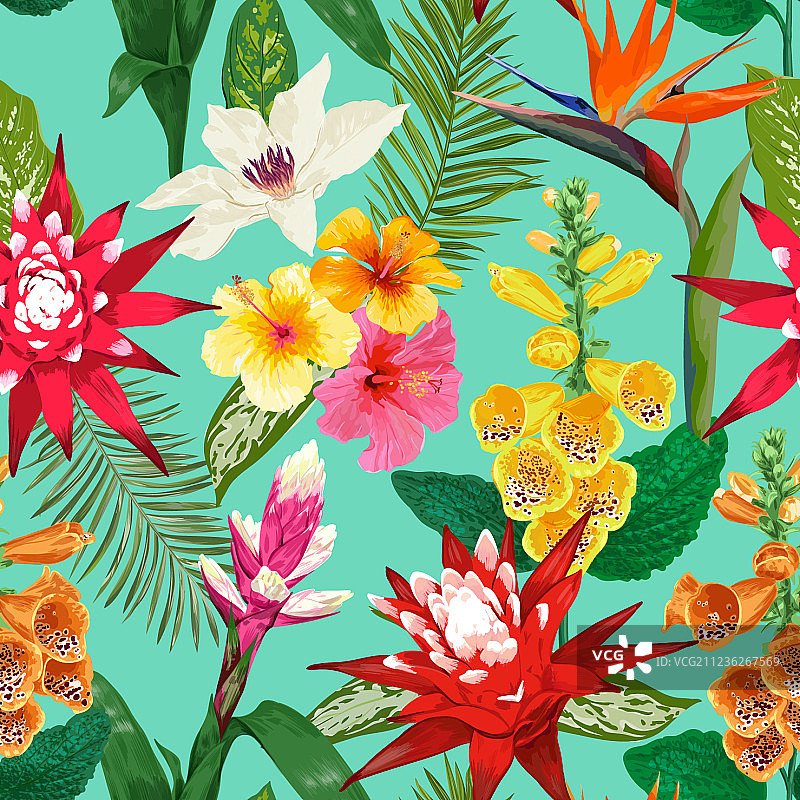 夏季热带花卉无缝图案图片素材