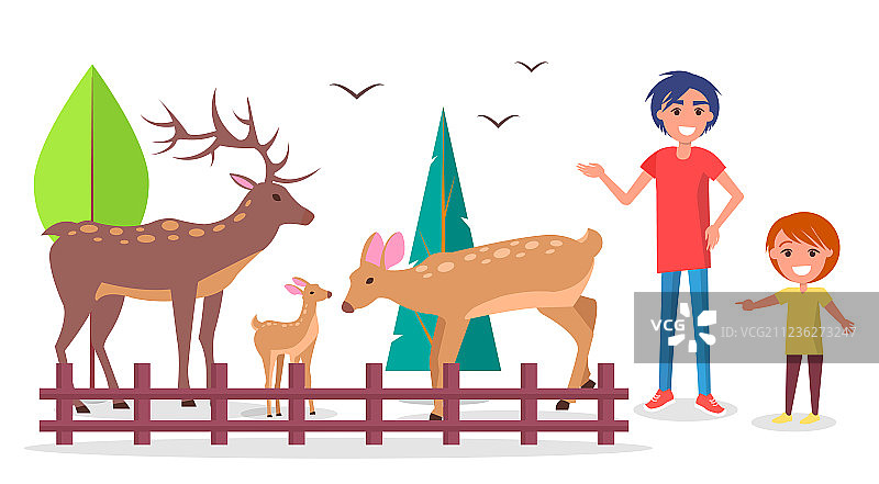孩子和父母在动物园的鹿苑旁图片素材