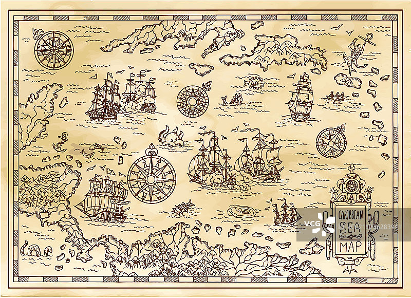 加勒比海古老海盗地图图片素材