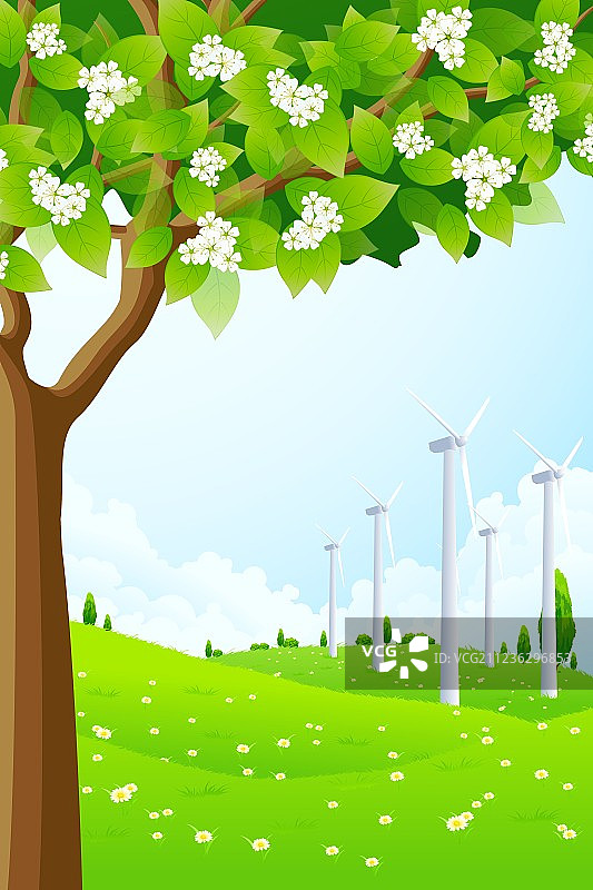 绿色风景与风力发电厂图片素材
