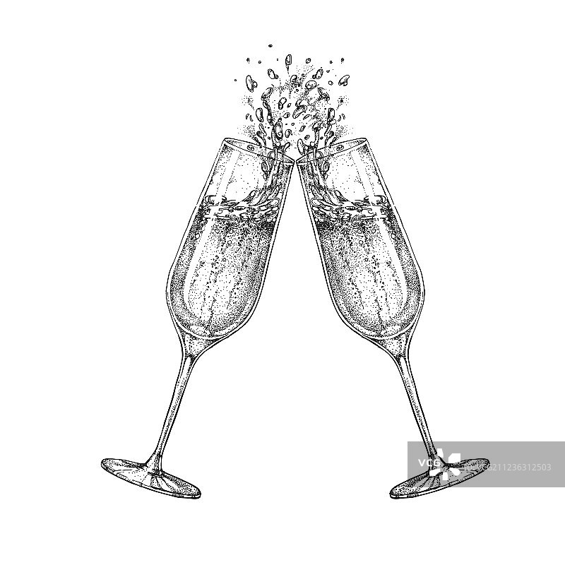 手绘碰杯的香槟酒杯图片素材
