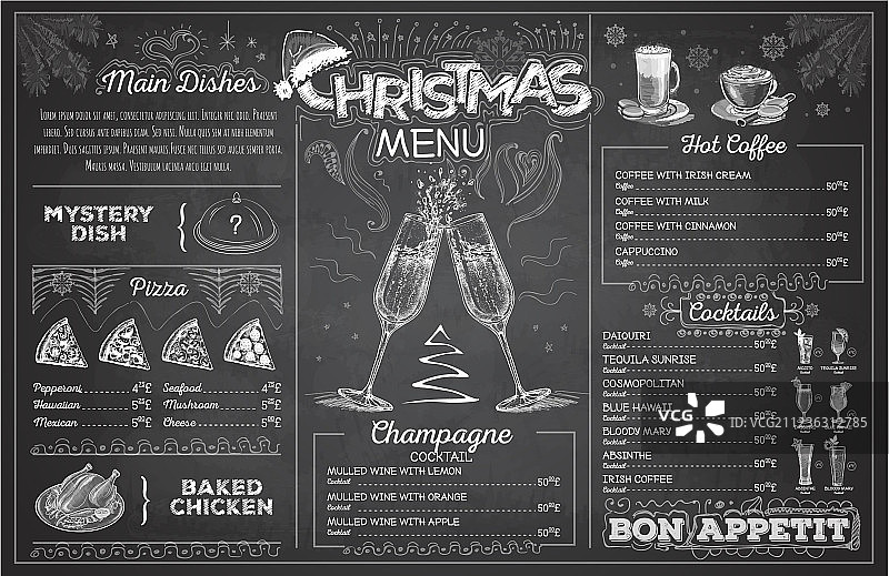 香槟圣诞菜单设计的粉笔画图片素材