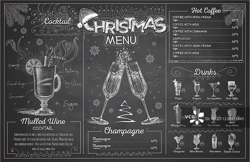 带有香槟的粉笔圣诞节菜单设计图片素材