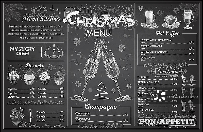 香槟圣诞菜单设计的粉笔画图片素材